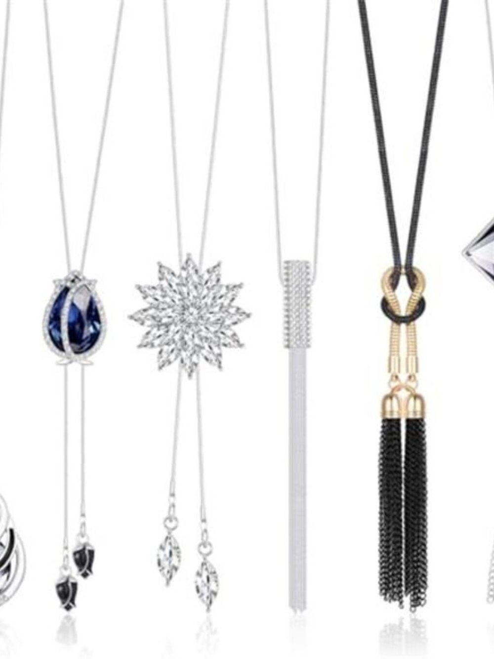 6Pcs Women Long Sweater Necklace Silver Plated Rhinestone Flower Tassel